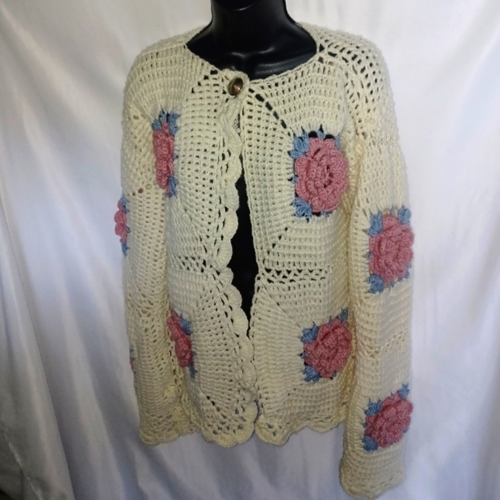 Handmade Crochet Granny Square Flower Cardigan sz Med/large, Cream, Pink, Blue